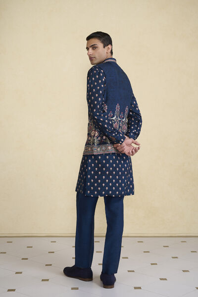 Azraq Printed Silk Nehru Jacket - Indigo